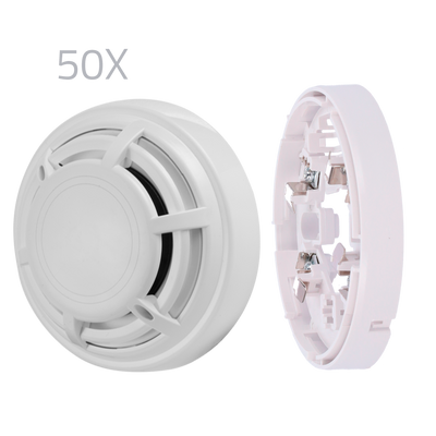 Kit 50 detectores térmicos y bases DMTech - Detector convencional termovelicimétrico - Certificado EN54 part 5 - Doble LED de alarma para su visualización desde cualquier lugar - Fabricado en material ABS con resistencia al calor - Base de perfil bajo