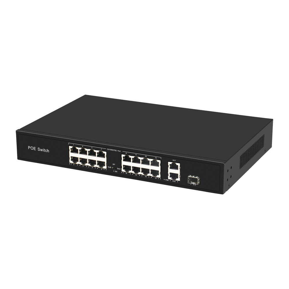 Switch PoE - Porte PoE + 16 Gigabit + 2 SFP1 - Velocità 10/100 Mbps - 30 W per porta / Massimo 300W - PoE esteso (250m) e modalità VLAN - Norma IEEE802.3at (PoE) / af (PoE+)