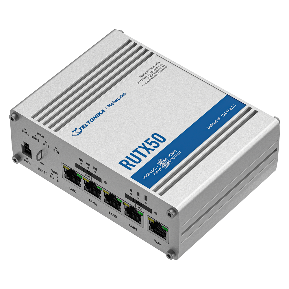 Teltonika Router 5G Industrial - 5G Sub-6Ghz SA/NSA 2.1/3.3Gbps DL 900/600 Mbps U - Doble Módem Dual SIM  - Wi-Fi 5 - Posicionamiento GNSS - 5 puertos Ethernet RJ45 Gigabit