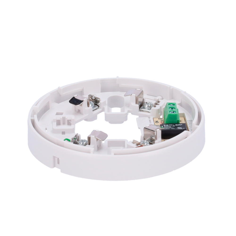 Low profile base with relay - Up to 12VDC 0.5A / NO/NC/C terminal - Compatible with V2 and high base detectors - Required for detector installation - Simple mounting - Ability to lock the detector to the base - Compatible with