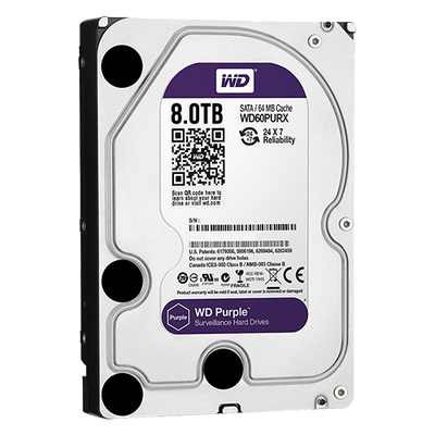 Western Digital Hard Disk - 8 TB capacity - SATA 6 GB/s interface - Model WD80PURX - Special for video recorders - Alone or installed on DVR