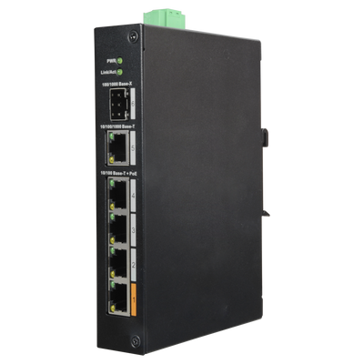 X-Security PoE Switch - 4 PoE ports +1 SFP +1 Gigabit Uplink - Speed ​​10/100/1000 Mbps - 60W port 1 / 30W port 2-4 / Maximum 60W - Hi-PoE / IEEE802.3at (PoE+) / af (PoE) - DIN rail mounting