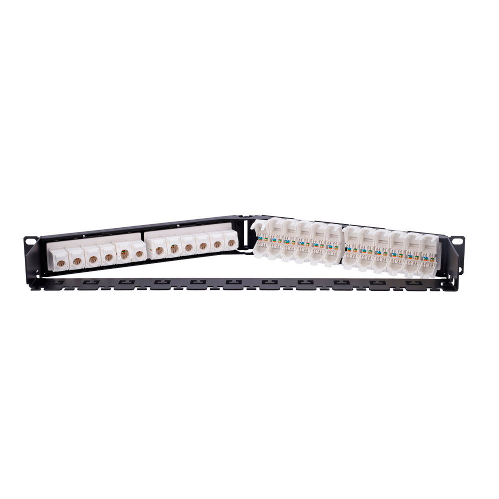 24-port UTP corner patch panel - Admits cables up to CAT6 - 1U rack format - 1U size for ease of installation - Cable fixing bar - - - -