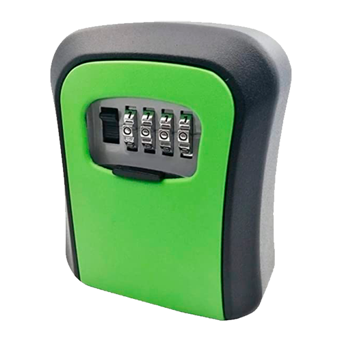 Caja fuerte con llave verde - Apertura con código de 4 dígitos - Instalación en pared - Medidas: 115 x 95 x 40 mm - Fabricada en aluminio resistente - Solución para viviendas vacías y de alquiler