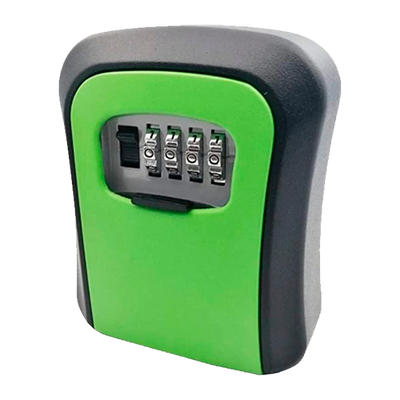 Caja fuerte con llave verde - Apertura con código de 4 dígitos - Instalación en pared - Medidas: 115 x 95 x 40 mm - Fabricada en aluminio resistente - Solución para viviendas vacías y de alquiler