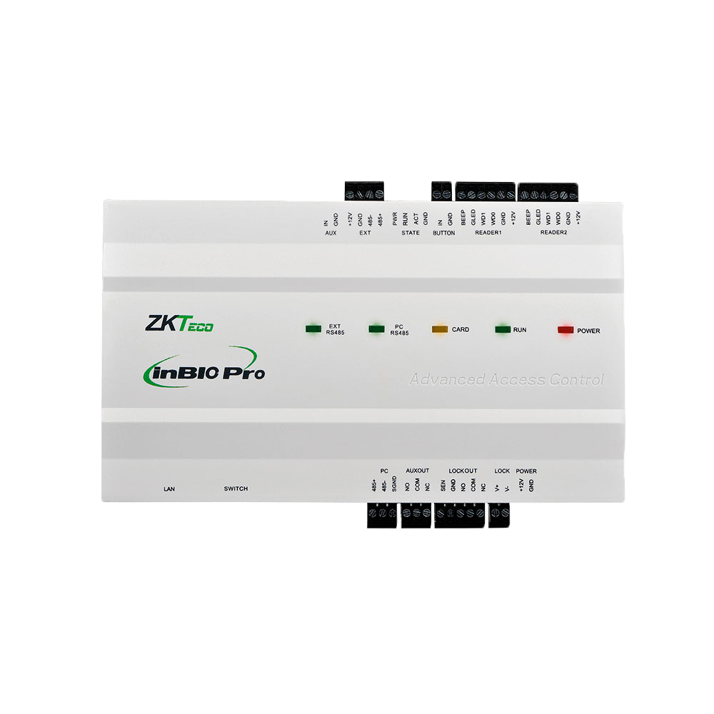 Controlador de acceso biométrico - Acceso mediante huella, tarjeta o contraseña - Comunicación TCP/IP | RS485 - 2 lectores Wiegand | 2 lectores RS485 - Salida de relé para 1 puerta - Software ZKBio CVSecurity