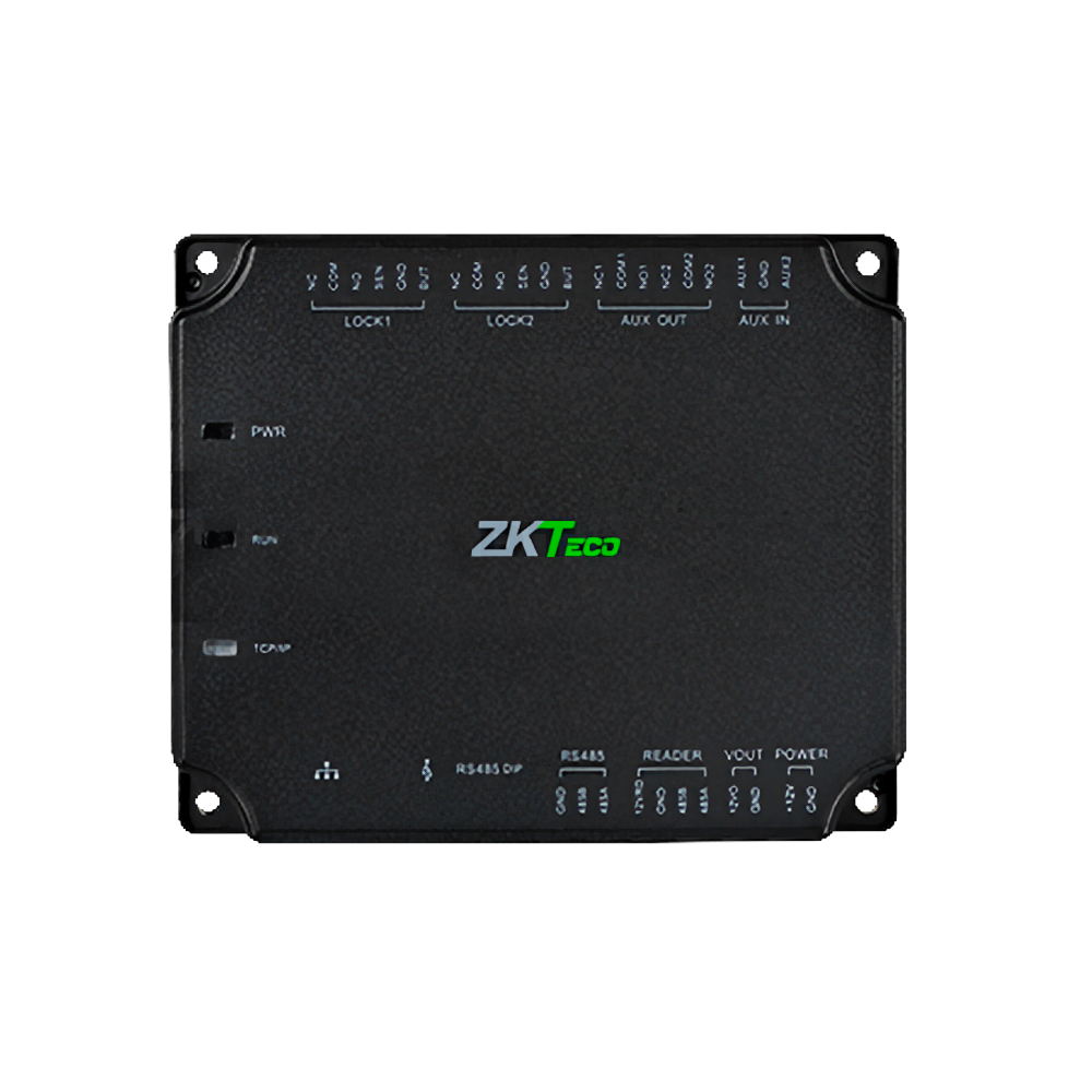 Controlador de Acceso RFID - Acceso con Tarjeta o Contraseña - TCP/IP | RS485 para ZK-SRB-DM10 - 4 lectores para ZKTeco OSDP - Salida de relé para 2 puertos - ZKBioAccess 5 puertos incluidos. Compatible con ZKBioCV