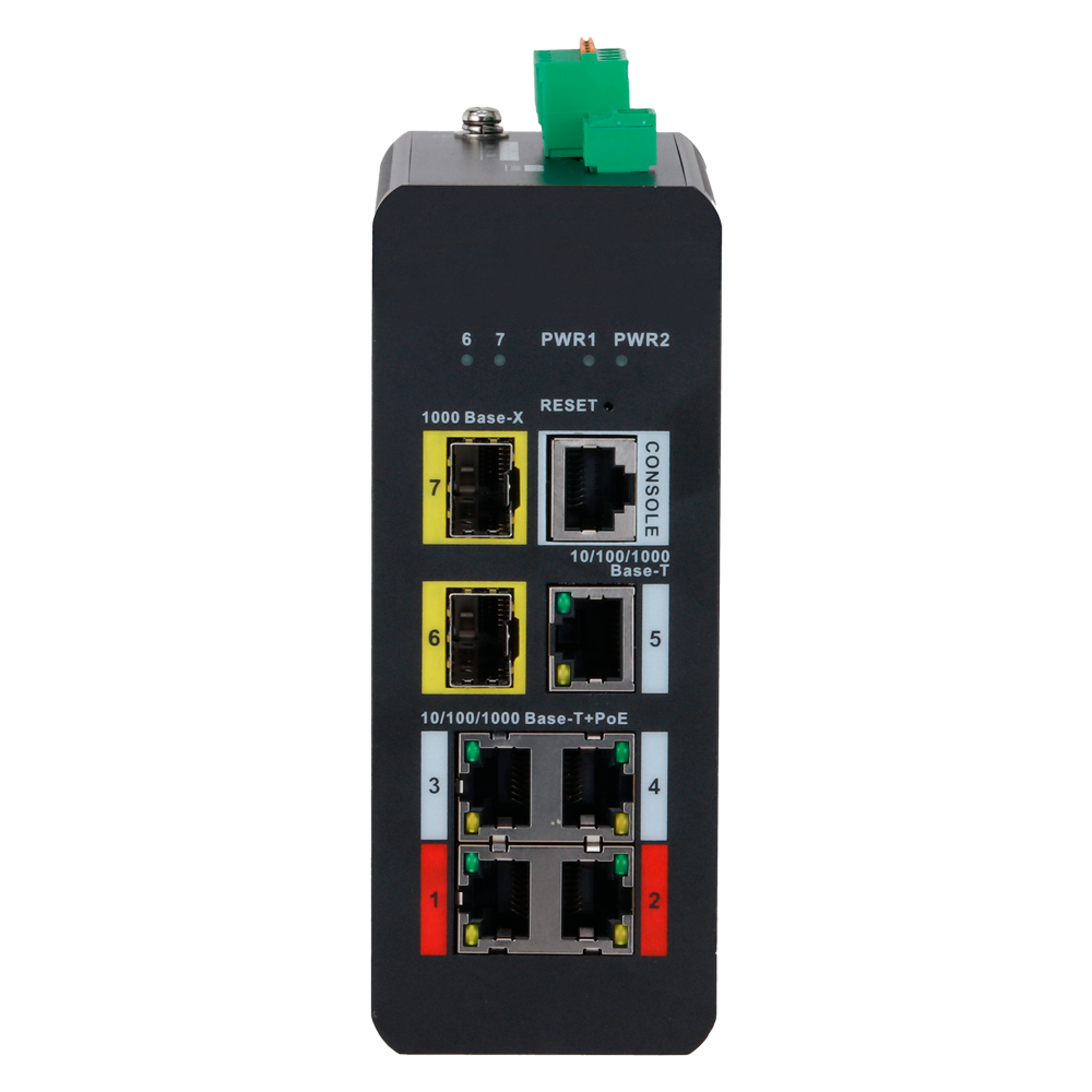 Switch PoE X-Security Carril DIN - 4 puertos PoE RJ45 + 1 puerto RJ45 + 2 SFP - Velocidad 10/100/1000 Mbps - 90W puertos 1-2 / 30W puertos 3-4 / Máximo 120W - PoE/PoE+/Hi-PoE / Hasta 250m / PoE Watchdog - VLAN/STP/RSTP/ERPS/LACP/StaticLAG/IGMP Snooping