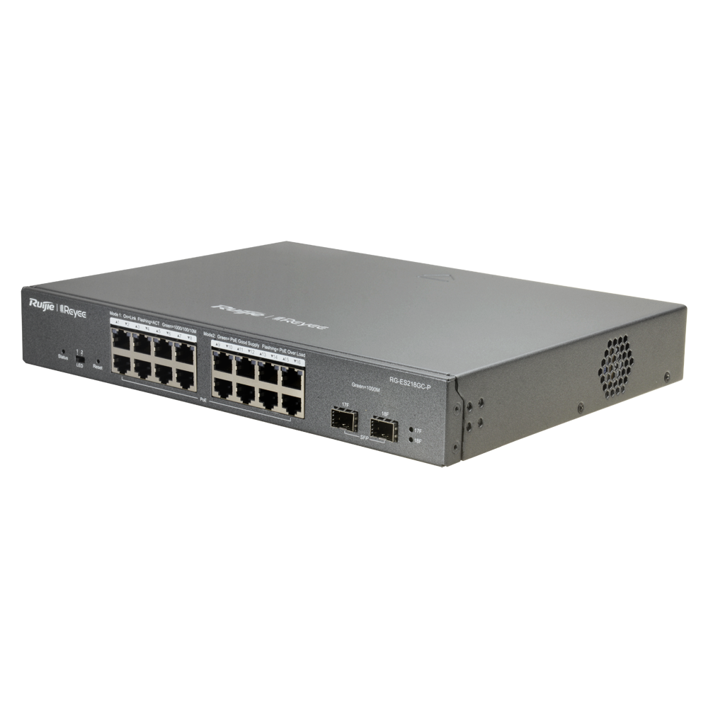 Reyee Switch PoE Cloud Gestibile L2 - 16 porte PoE 802.3af/at + 2 SFP - 16 RJ45 10/100/1000Mbps + 2 SFP 10/100/1000Mbps - 30W per porta 802.3af/at / Massimo 240W - VLAN/Port Isolation/Loop Detection - Limite di Velocità della Porta