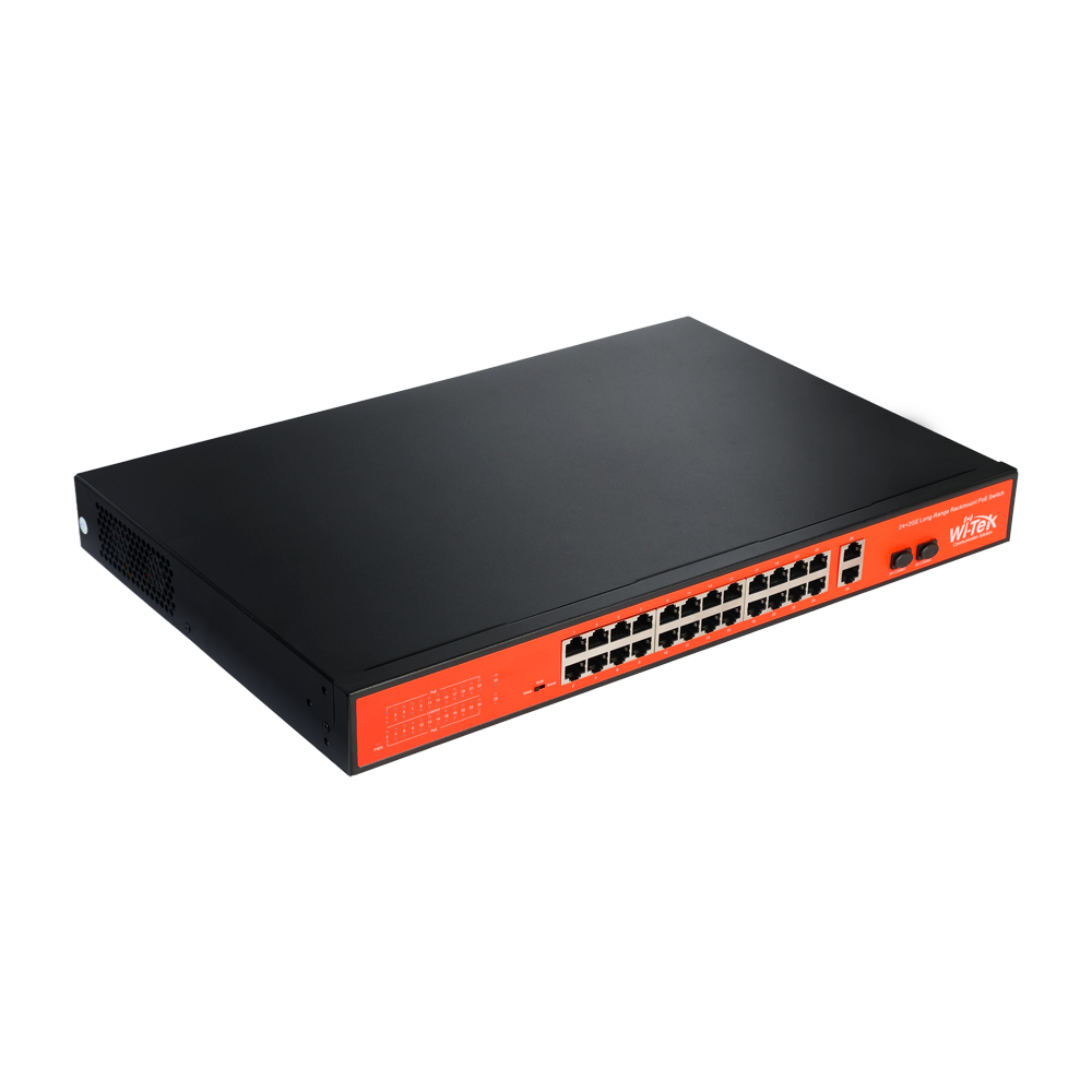 Switch PoE - 24 porte PoE + 2 Porte Combo Uplink/SFP - Velocità 10/100 Mbps - Potenza 30 W per porta - Potenza massima totale 250 W - Norma IEEE802.3at (PoE) / af (PoE+)