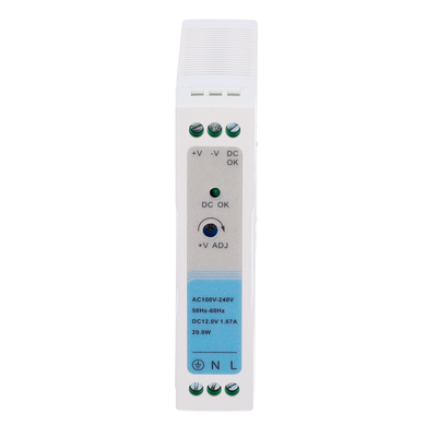 Power supply - DC 12 V 1.67 A / 20 W output - Input voltage 100-240VAC 50/60Hz - 23 x 100 x 92 mm - DIN rail mounting - Protection: Overload/Overvoltage/Short circuit