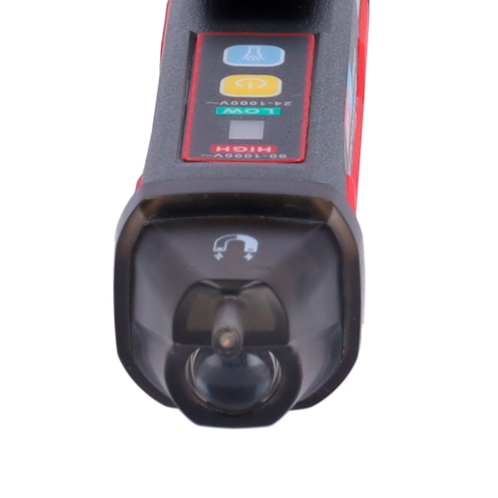 Detector de tensión alterna sin contacto - Modos de alta y baja tensión hasta 1000 V - Aviso acústico y LED visible - Apagado automático - Indicador de baja potencia - Señalización de campo magnético óptico
