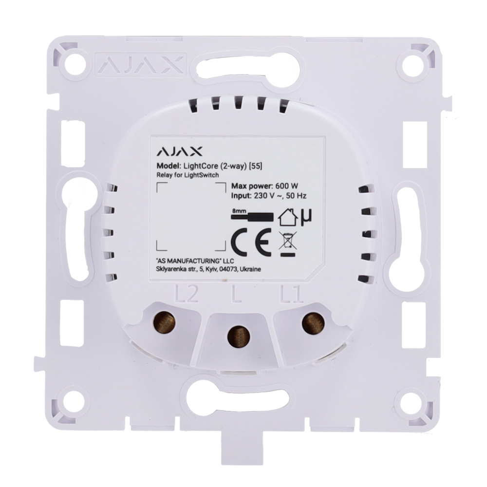 Ajax - LightSwitch LightCore (2 Way) - Relay for switchable light switch - Wireless 868 MHz Jeweler - Communication range up to 1100 m - Power supply 230 V AC 50 Hz - No neutral needed