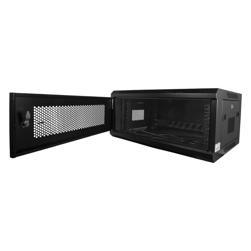 Wall-mounted rack cabinet - Up to 6U 19" rack - Up to 60 Kg load - Mesh panels on front and sides for ventilation - Cable inputs - 6-socket line included