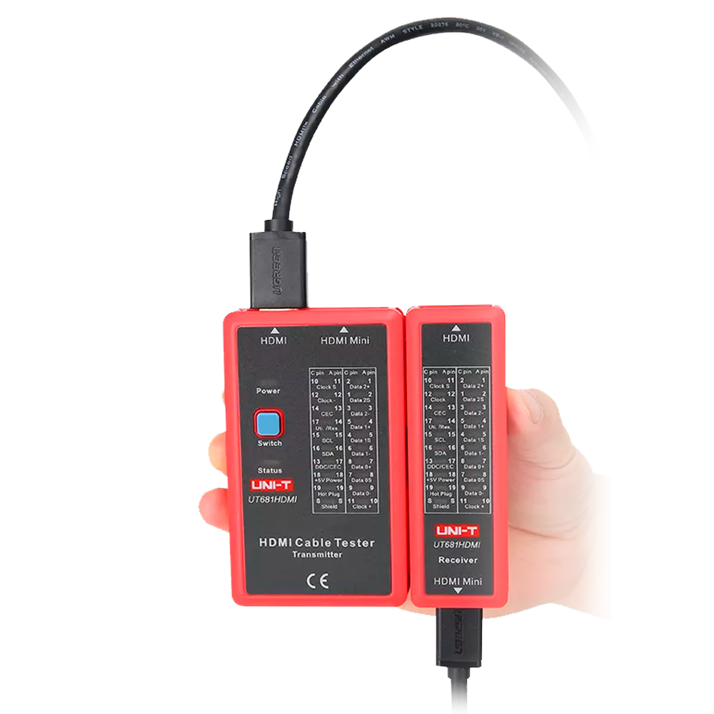 Tester di cavi - Controllo di stato dei cavi HDMI/MINI-HDM - Valutazione di cavi in cortocircuito e incrociati -  Controllo dello stato della schermatura dei cavi - Modalità di test di scansione - Spegnimento automatico