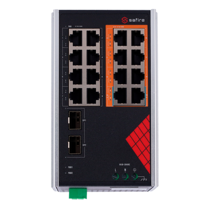 Safire Switch Industrial Power Supply AC 90~264V - 16 Gigabit ports + 2 Gigabit SFP - 6 PoE+ ports 30W + 2 Hi-PoE ports 60W - PoE Watchdog - Power 130W Total PoE power - Installation in DIN carriage