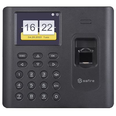 Control de asistencia - Huellas dactilares, tarjeta EM y PIN - 3.000 registros | 100.000 registros: TCP/IP, USB, WiFi | Modo presencia - Batería de respaldo - Software Safire Control Center