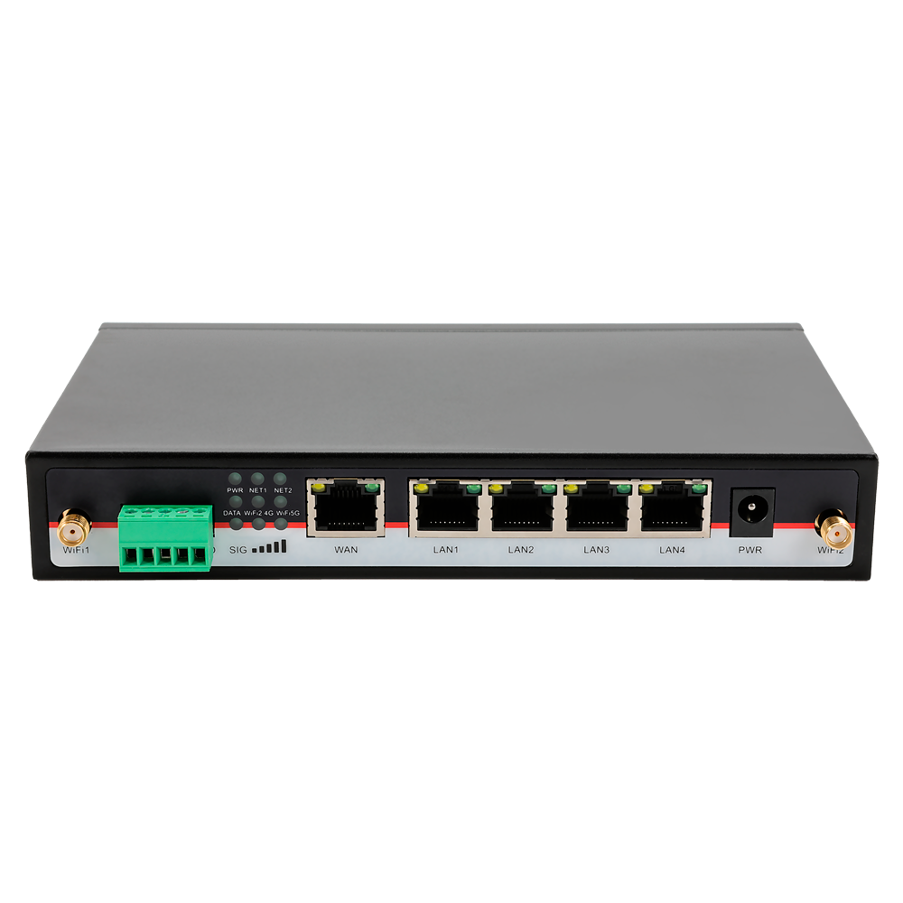 Hongdian Router 5G SA/NSA Industrial - 2 x 4G módulos LTE CAT 6 - Doble Módem Dual SIM - Puertos RS232/RS485 - Wi-Fi 802.11b/g/n/ac 2.4GHz-5GHz - 5 puertos Ethernet RJ45 Gigabit