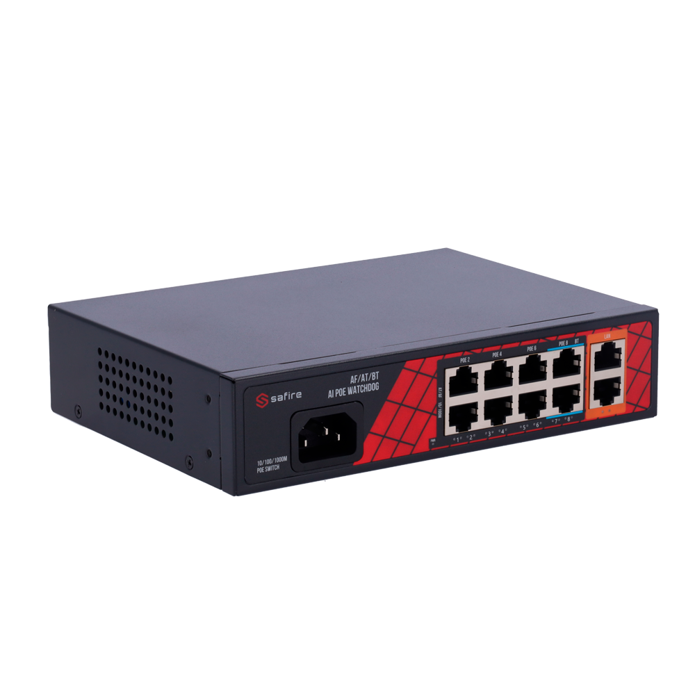 Safire Switch Hi-PoE - 8 porte PoE + 2 Uplink RJ45 - Ibrido 8x10/100Mbps + 2x10/100/1000Mbps - 6 Porte PoE+ 30W + 2 Porte Hi-PoE 60W - PoE Watchdog - Fino a 120W Potenza PoE totale