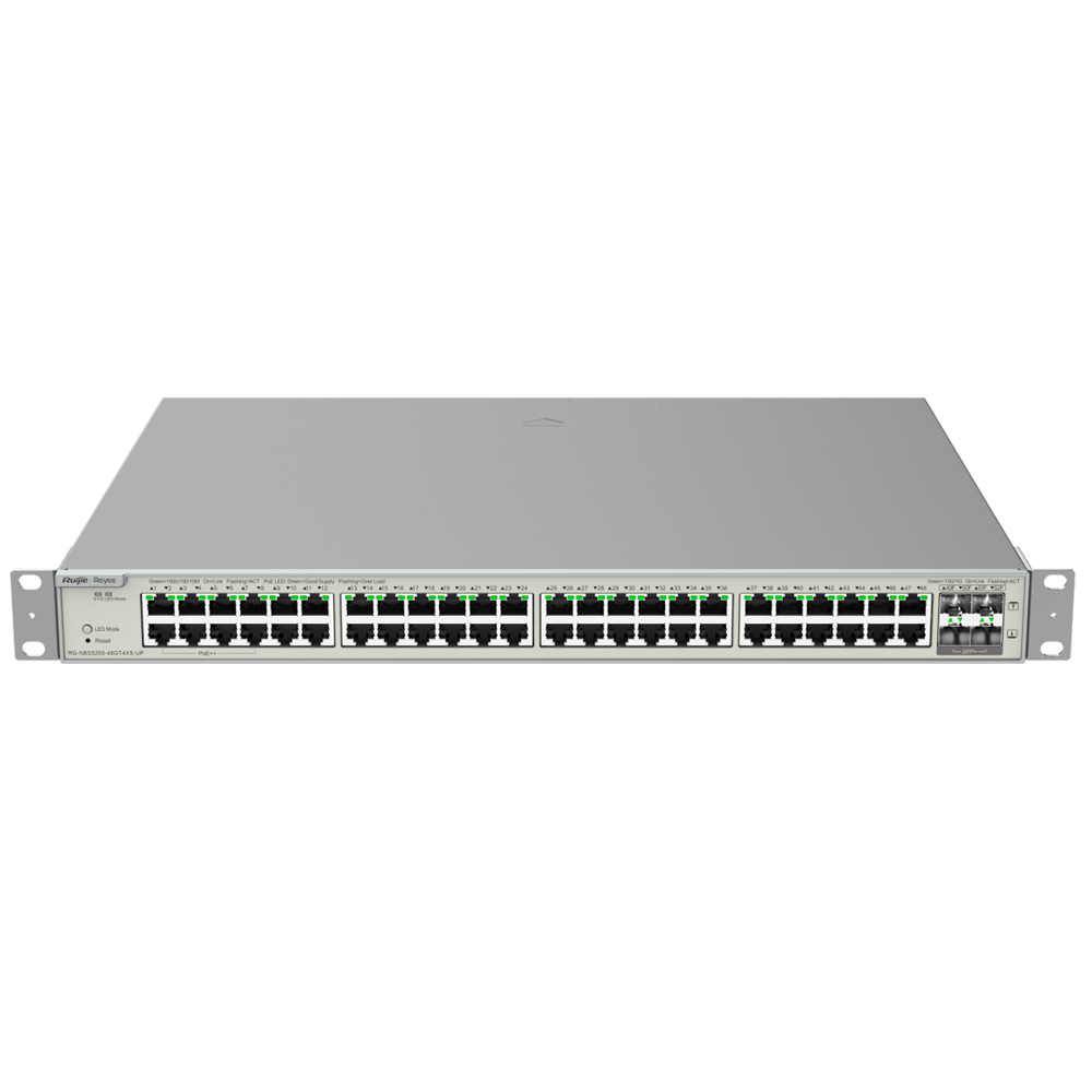Reyee Switch Hi-PoE Cloud Layer 3 - 48 porte PoE RJ45 Gigabit + 4 SFP+ 10Gb - 40 Porte PoE+ (30W) + 8  Hi-PoE (90W) / 740W - Static LAG/DHCP Snooping/IGMP Snooping/Port Mirroring - VLAN/Porta Isolation/STP/RSTP/ACL/QoS/802.1X - Server DHCP/Rotte statiche/