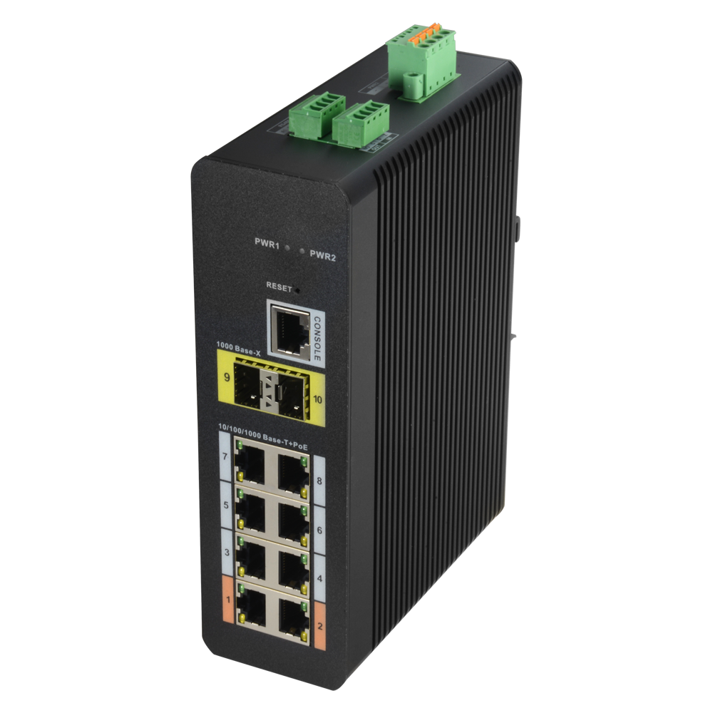 Switch PoE X-Security su Guida DIN - 8 porte PoE RJ45 + 2 porte SFP di fibra - Velocità 10/100/1000 Mbps - 90W porta 1-2 / 30W porta 3-8 / Massimo 120W - Hi-PoE / IEEE802.3at PoE+ / af PoE / IEEE802.3bt - VLAN/STP/RSTP/MSTP/LACP/StaticLAG/QoS/LoopDetect