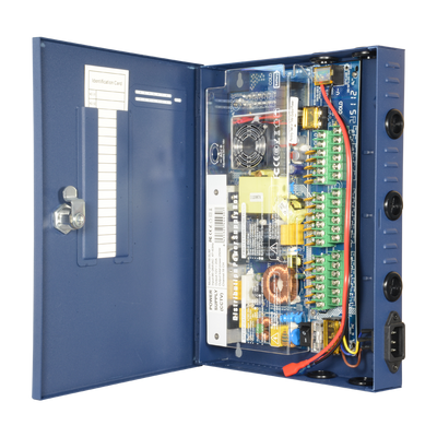 Slim power distribution box - 1 AC 220 V 5OHz input - 18 copper pair outputs - Resettable protection fuse - Output voltage 12 V / 250 W - Metal body