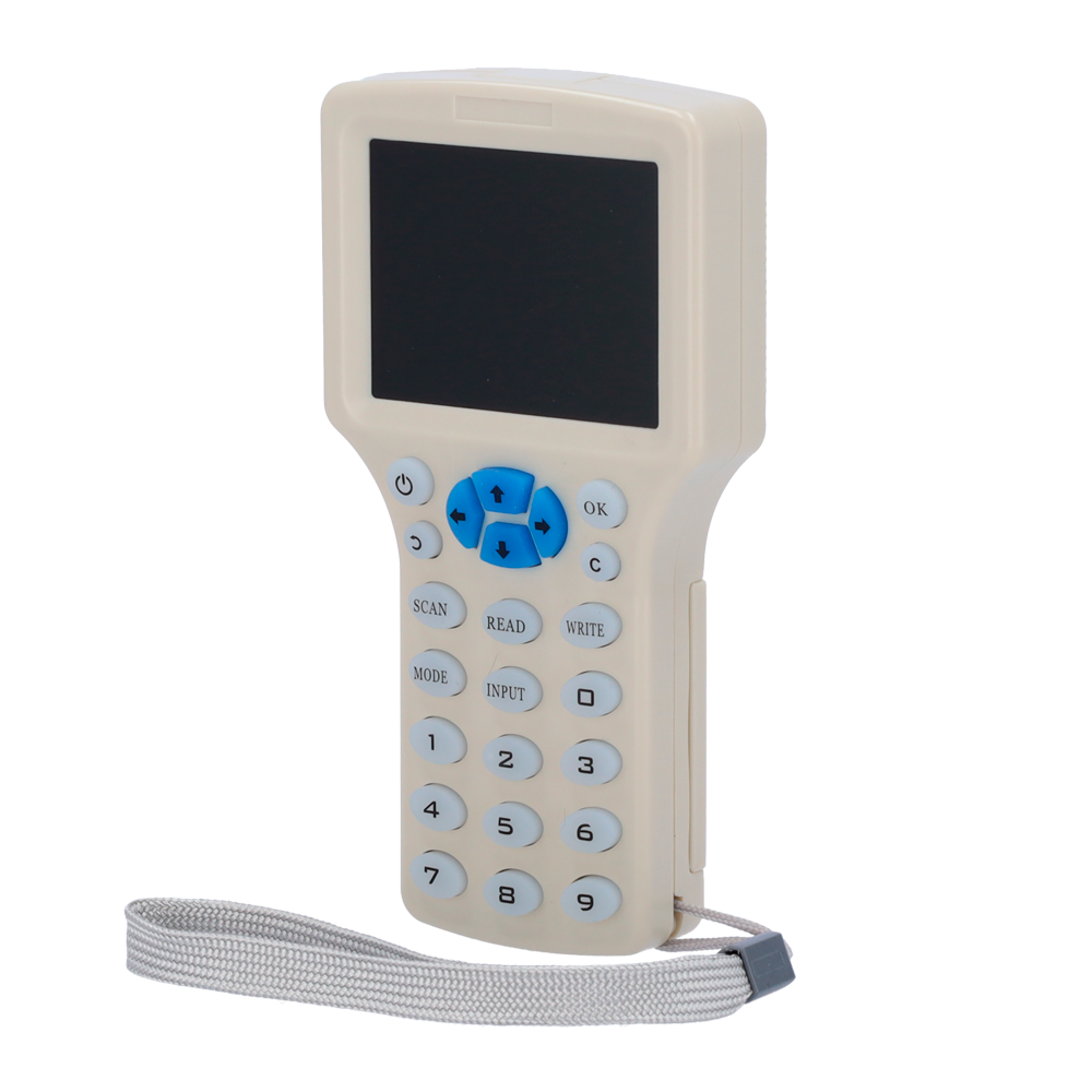 RFID card reader-writer - 3" TFT and wired panel - Identification and cloning of cards - EM 125 kHz and MF 13.56 MHz - Powered by 4 AAA or microUSB batteries - Plug &amp; Play