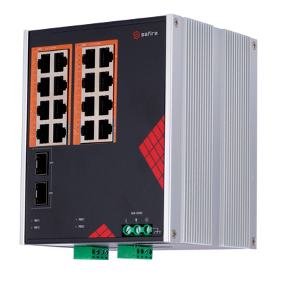 Fuente de Alimentación Industrial Switch Safire AC 90~264V - 16 puertos Gigabit + 2 Gigabit SFP - 12 puertos PoE+ 30W + 4 puertos Hi-PoE 60W - PoE Watchdog - Potencia 260W Potencia total PoE - Instalación en carro DIN