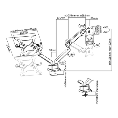 Support for laptop and monitor/TV - Table installation - Tilt, Rotate Monitor, Rotate Bracket between -90º ~ +90º - Compatible with VESA 75×75, 100x100mm - Load resistance 8 Kg - Screens 17"~32"