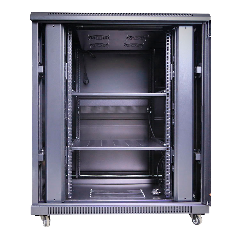 Armadio rack per pavimento - Fino a 18U rack da 19"(800*800) - Fino a 800 Kg di carico - Con ventole e passacavi - 4 ventole, 2 vassoi e PDU 6 prese - Non assemblato