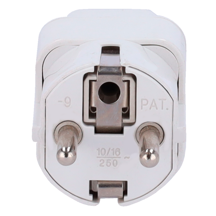 Adaptador  - Enchufe Tipo G (UK) a Enchufe Tipo F (EU)  - Voltaje 250V AC - Corriente Máxima de Salida 10-16 A - Color blanco