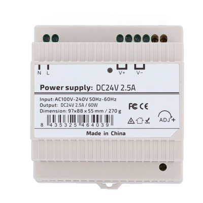 Power source - Salida DC 24 V 2.5 A / 60 W - Input voltage AC 100V ~ 240V 50Hz-60Hz - 97 (Fo) x 55 (Al) x 88 (An) mm - DIN rail mounting - Protection: Overload/Overvoltaje /Short circuit