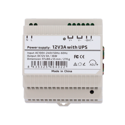 Alimentatore con funzione UPS - uscita DC 12 V 3 A / 36 W - Tensione in ingresso AC 100V ~ 240V 50Hz-60Hz -  97 (P) x 55 (I) x 88 (H) mm - Montaggio su guida DIN - Protezione: Sovraccarico/Sovratensione/Cortocircuito