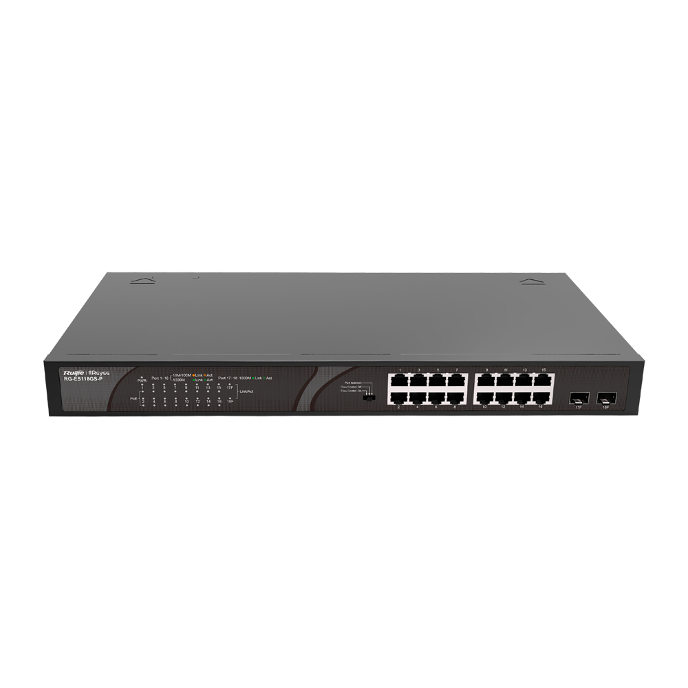 Reyee Switch PoE Sobremesa - 16 Puertos RJ45 + 2 Uplink SFP - 16 Puertos Gigabit + 2 Puertos Gigabit - 16 Puertos PoE+ 802.3af/at | Potencia total 247W - Aislado de Puertos / Flow Control - Plug and Play