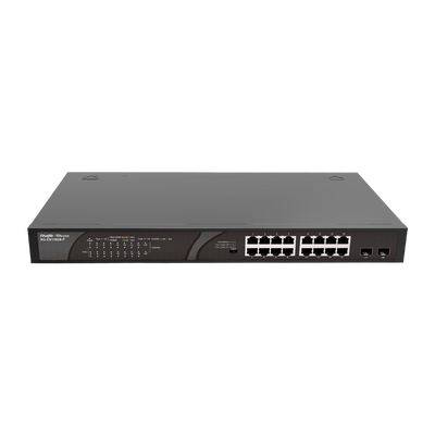 Reyee Switch PoE Sobremesa - 16 Puertos RJ45 + 2 Uplink SFP - 16 Puertos Gigabit + 2 Puertos Gigabit - 16 Puertos PoE+ 802.3af/at | Potencia total 247W - Aislado de Puertos / Flow Control - Plug and Play