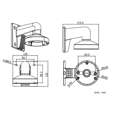Wall bracket - Junction box - Suitable for outdoor use - Black color - Compatible with Hiwatch Hikvision - Cable gland