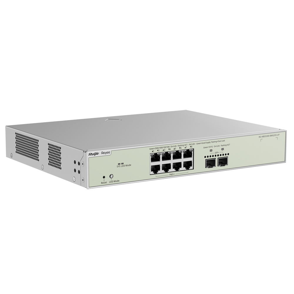 Ruijie Switch Cloud Managed L3 - 8 porte Hi-PoE RJ45 + 2 porte SFP+ - 8 Porte Multi-Gigabit + 2 Porte 10G - VLAN/Port Isolation/STP/RSTP/ACL - DHCP Snoop/IGMP Snoop - Montaggio su rack