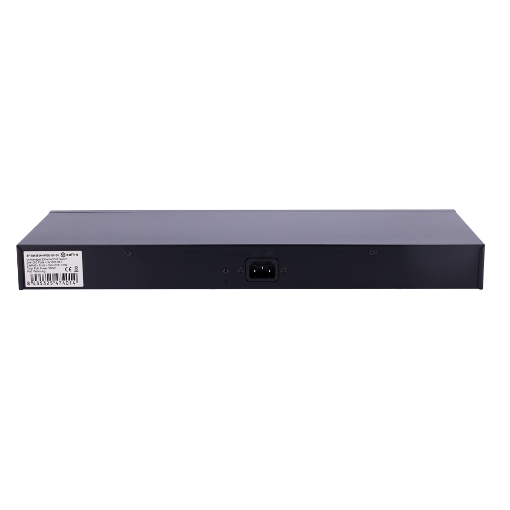 Safire Switch Hi-PoE - 24 puertos PoE + 2 SFP Uplink - Velocidad de puertos Gigabit 10/100/1000Mbps - 22 Puertos PoE+ 30W + 2 Puertos Hi-PoE 60W - PoE Watchdog - Hasta 300W Potencia PoE total
