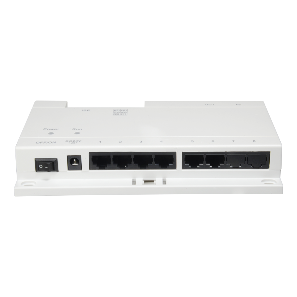 Switch PoE specifico - 6 porte di uscita IP - Connessione RJ45 IN/OUT Ethernet - TCP / IP con RJ45 - Alimenta videocitofoni IP - Montaggio in superficie o traccia