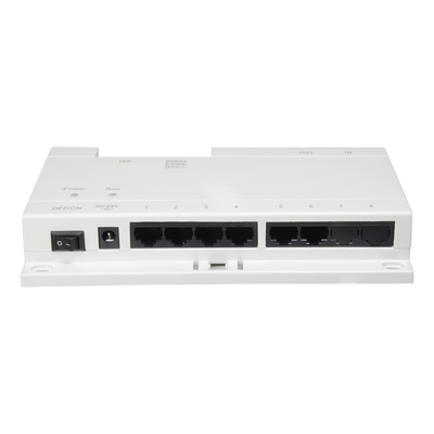 Specific PoE switch - 6 IP output ports - RJ45 IN/OUT Ethernet connection - TCP / IP with RJ45 - Powers IP video door phones - Surface or track mounting