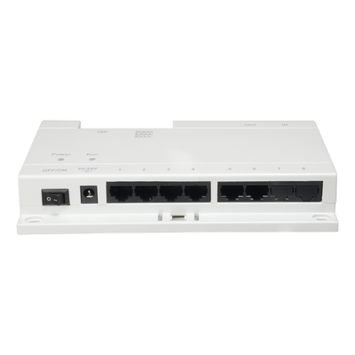 Switch PoE específico - 6 puertos de salida IP - Conexión Ethernet RJ45 IN/OUT - TCP/IP con RJ45 - Alimenta videoporteros IP - Montaje en superficie o carril