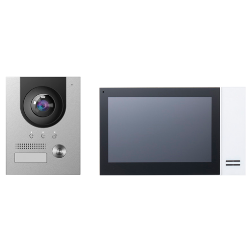 Video intercom kit - IP and PoE technology - Includes plate, monitor - PoE switch and support inc. - Cellular app with P2P - Surface mount