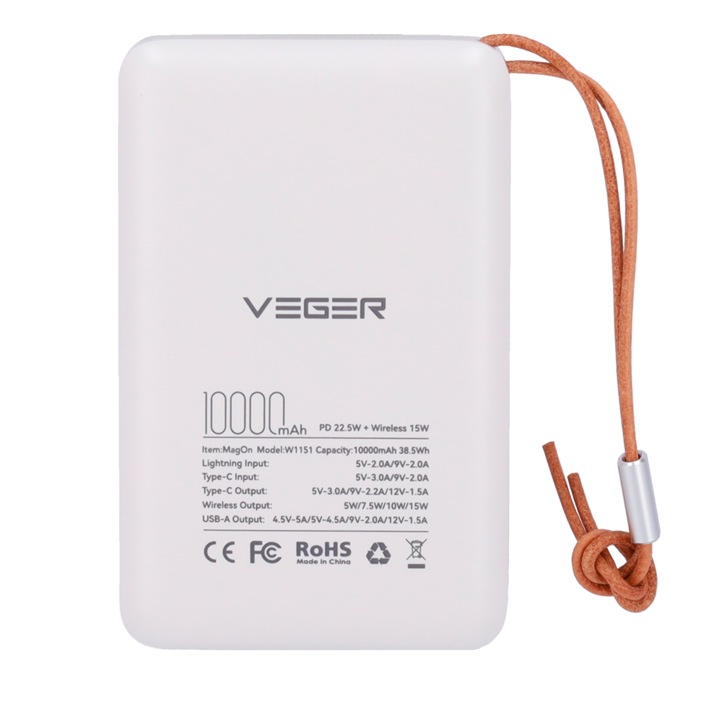 VEGER - Power bank magnetico e wireless - Capacità 10000mAh (38.5Wh) - Ricarica veloce 22.5W - Ingressi USB-C e Lightning - Uscite USB-B, USB-C, wireless