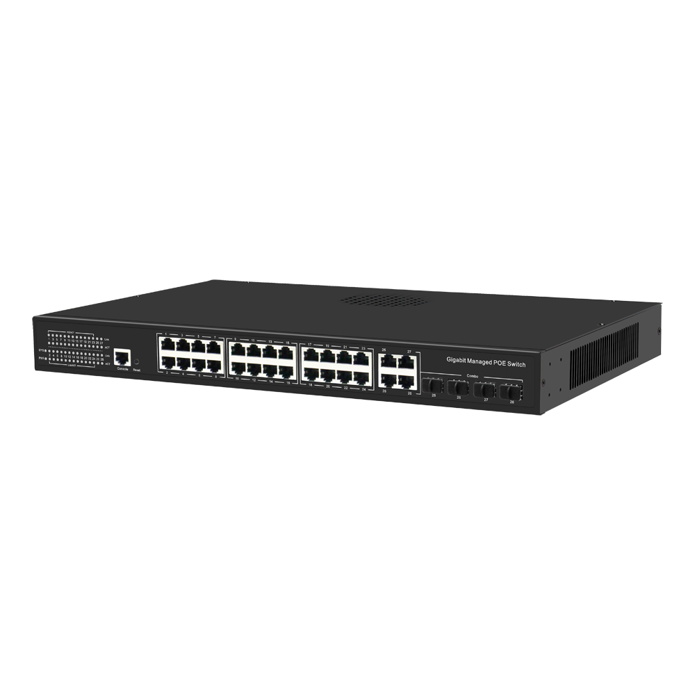 Switch PoE Gestibile - 24 porte PoE + 4 Combo Gigabit  + 4 Combo SFP - Velocità 10/100/1000 Mbps - 30 W per porta 802.3af/at / Massimo 300W - VLAN/Porta Isolation/STP/RSTP/MSTP/QoS/802.1X - LACP/Static LAG/DHCP Snooping/IGMP Snooping/QoS