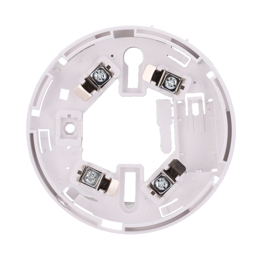 Base de perfil bajo - Compatible con detectores V2 y base alta - Necesaria para instalación de detector - Marca de montaje fácil - Posibilidad de bloquear el detector a la base - Compatible con piloto indicador de acción