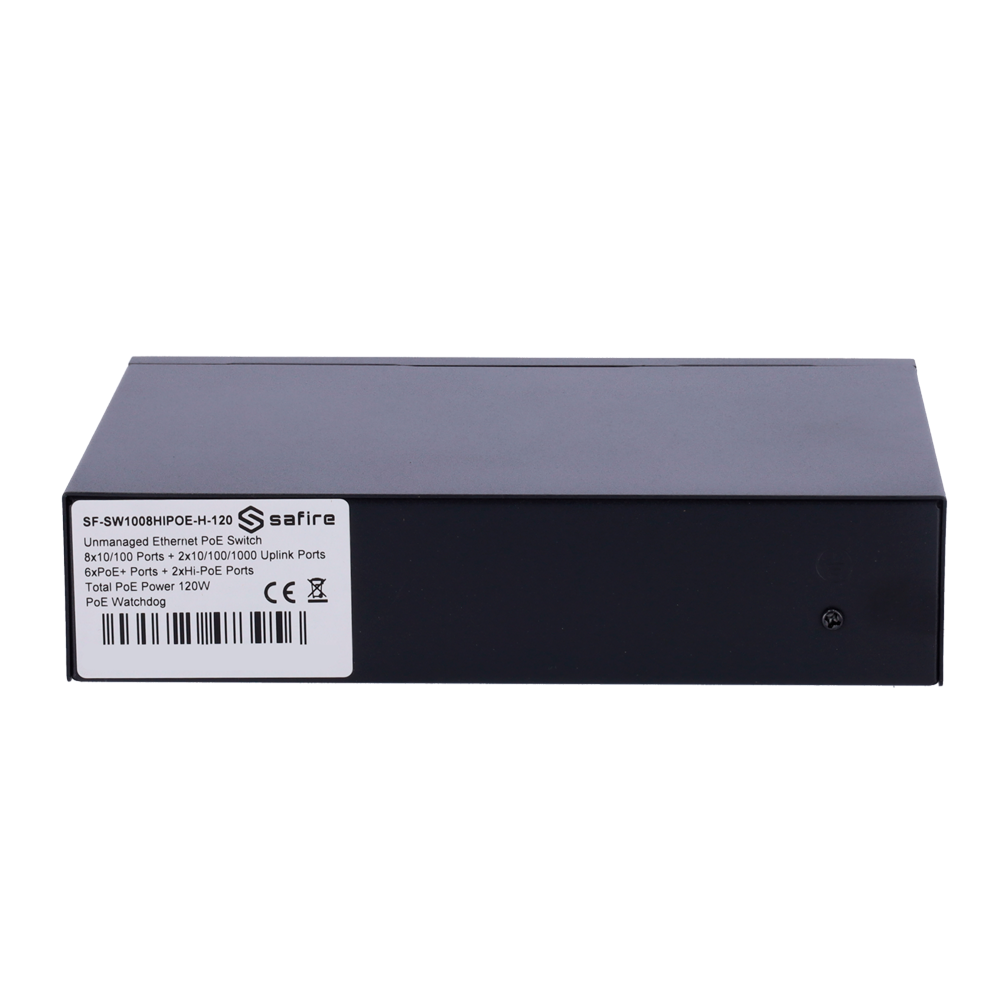 Safire Switch Hi-PoE - 8 porte PoE + 2 Uplink RJ45 - Ibrido 8x10/100Mbps + 2x10/100/1000Mbps - 6 Porte PoE+ 30W + 2 Porte Hi-PoE 60W - PoE Watchdog - Fino a 120W Potenza PoE totale