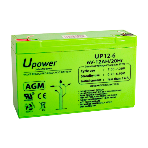 Upower - Batería recargable - Tecnología plomo-ácido AGM - Voltaje 6 V - Capacidad 12,0 Ah - 100 x 151x x 51/ 1800g - Para respaldo o uso directo