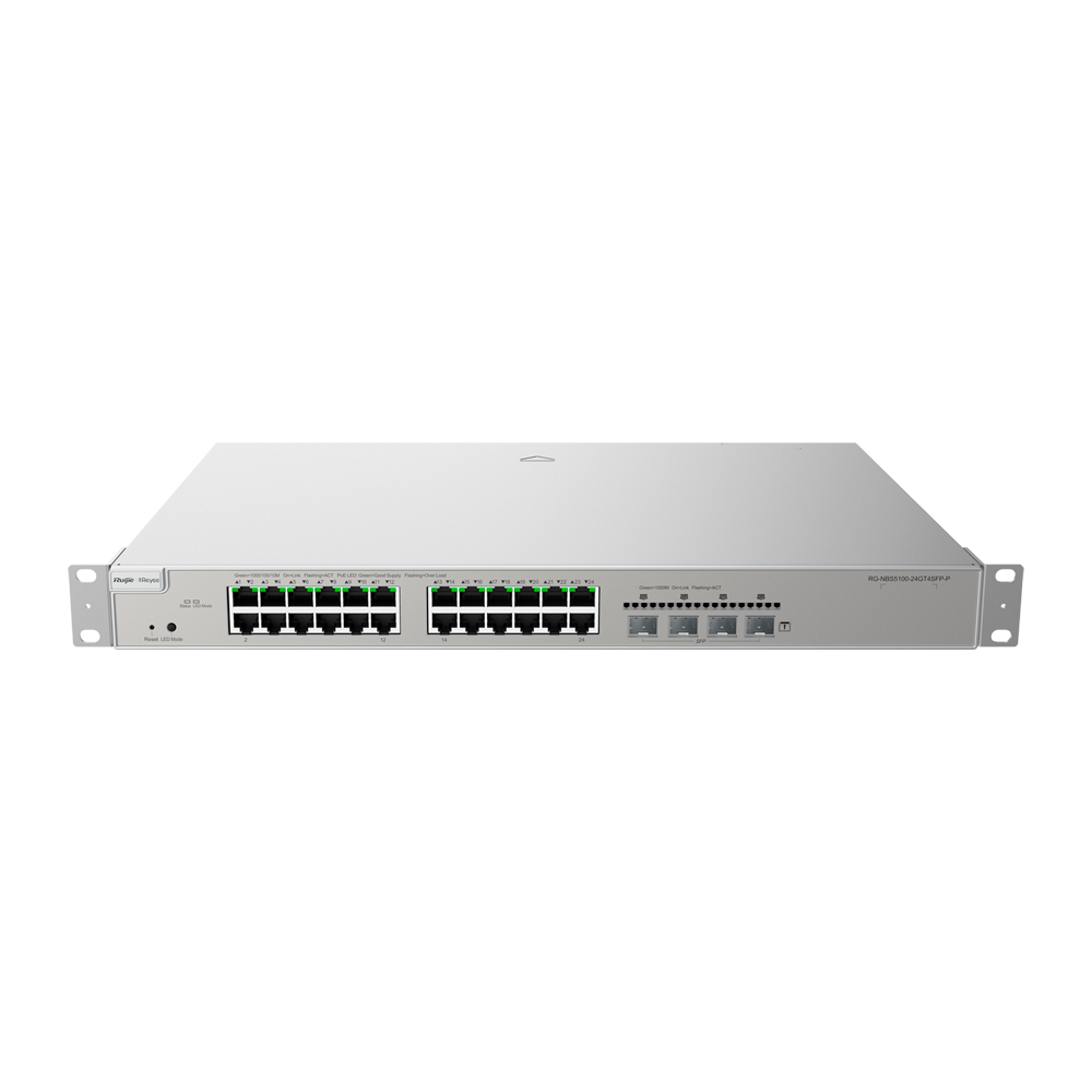 Reyee Switch PoE Cloud Capa 2+ - 24 PoE ports RJ45 Gigabit + 4 SFP Gigabit - 30W port 802.3af/at / Max 370W - Static LAG/DHCP Snoop/IGMP Snoop/Port Mirror - VLAN/Port Isolation/STP/RSTP/ ACL/QoS - DHCP Server/State Routes