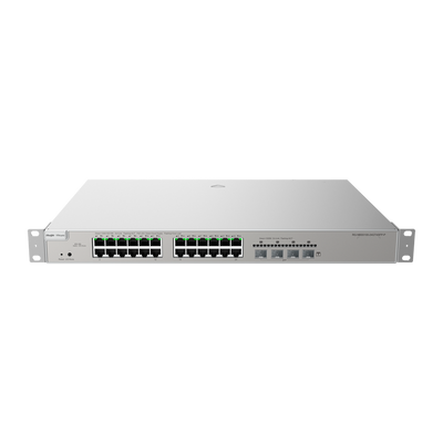 Reyee Switch PoE Cloud Capa 2+ - 24 puertos RJ45 Gigabit PoE + 4 Gigabit SFP - 30W vía puerto 802.3af/at / Máximo 370W - LAG estático/DHCP Snoop/IGMP Snoop/Port Mirror - VLAN/Aislamiento de puertos/STP/RSTP/ ACL/QoS: servidor DHCP/rutas estáticas