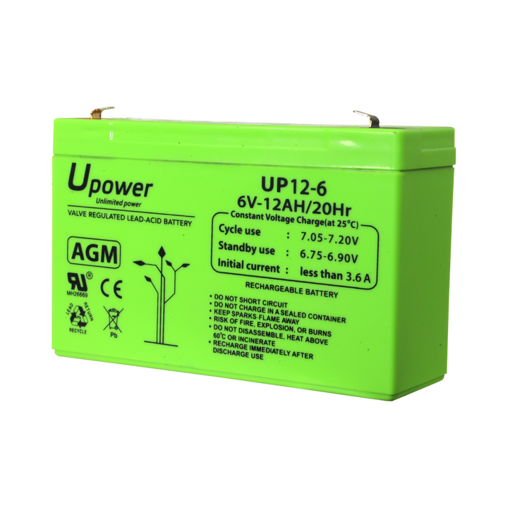 Upower - Rechargeable battery - AGM lead-acid technology - Voltage 6 V - Capacity 12.0 Ah - 100 x 151x 51/ 1800g - For backup or direct use